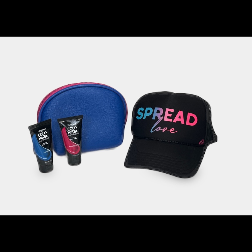 Macy’s New cosmetic bag, pink and blue Colarista Hair Makeup and Spread Love Hat